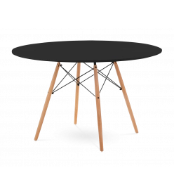 Mid-Century Designer 120cm Dining Table in Black Plastic, Eiffel Metal & Beech Wooden Legs - front angle