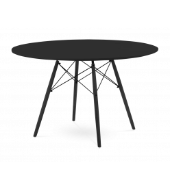 Mid-Century Designer 120cm Dining Table in Black Plastic, Eiffel Metal & Black Wooden Legs - front angle