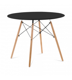 Mid-Century Designer 90cm Dining Table in Black Plastic, Eiffel Metal & Beech Wooden Legs - front angle