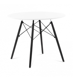 Mid-Century Designer 90cm Dining Table in White Plastic, Eiffel Metal & Black Wooden Legs - front angle