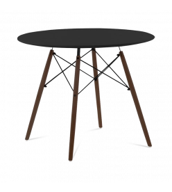 Mid-Century Designer 90cm Dining Table in Black Plastic, Eiffel Metal & Walnut Wooden Legs - front angle