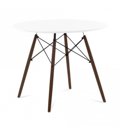 Mid-Century Designer 90cm Dining Table in White Plastic, Eiffel Metal & Walnut Wooden Legs - front angle