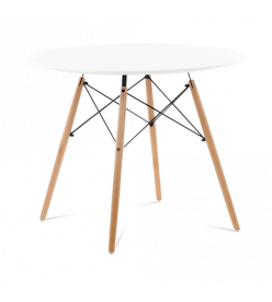 Mid-Century Designer 90cm Dining Table in White Plastic, Eiffel Metal & Beech Wooden Legs - front angle