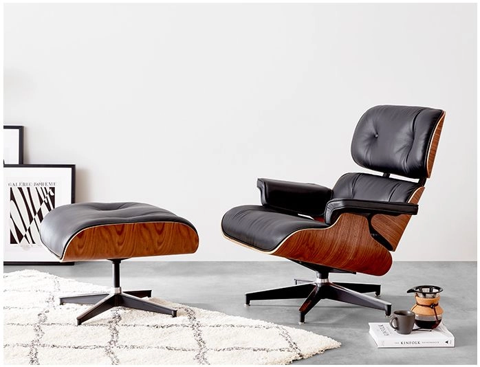 Eames Style Lounge Chair Ottoman Black Leather Rosewood Veneer